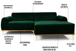 Sofá 350cm 6 Lugares com Chaise Direito Pés Gold Molino C-303 Veludo V