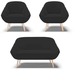 Kit 01 Namoradeira 02 Lugares e 02 Poltronas Giovana Veludo Preto Pés Palito Natural - D'Rossi