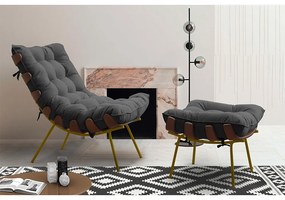Kit 2 Puffs Decorativos Sala de Estar Abel Base de Madeira Dourada Suede Cinza G41 - Gran Belo