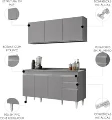 Armário Cozinha e Balcão Com Pia 150cm Marrocos Cinza      - Lumil
