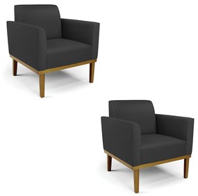 Kit 2 Poltronas Decorativas Isabella Pés Fixo em Madeira Castanho PU Preto G19 - Gran Belo