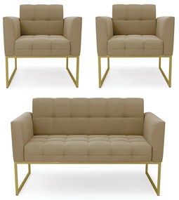 Kit 1 Sofá Namoradeira e 2 Poltronas Elisa Suede Base Metálica Industrial Dourado - D'Rossi - Marrom Rato