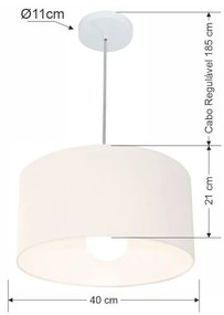 Lustre Pendente Cilíndrico Md-4031 Cúpula em Tecido 40x21cm Branco - Bivolt