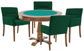 Mesa de Jogos Carteado Victoria Redonda Tampo Reversível Amêndoa com 4 Cadeiras Vicenza Suede Verde G36 G15 - Gran Belo