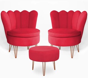 Conjunto 2 Poltrona Dália com Puff Chloe Pés Hairpin Legs Bronze Veludo Vermelho