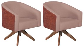 kit 02 Poltronas Luiza Base Giratória de Madeira Sintético Nozes e Linho Rosê - ADJ Decor