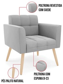Kit 1 Sofá Namoradeira e 2 Poltronas Elisa Suede Pés Palito Natural D03 - D'Rossi - Cinza