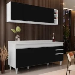 Armário Aéreo Nevada e Balcão 180cm com Tampo Dallas Branco/Preto - Lu