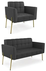 Sofá Namoradeira e Poltrona Base Pé de Ferro Dourado Elisa Corino D03 - D'Rossi - Preto