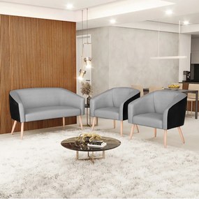Kit 01 Namoradeira 02 Lugares e 02 Poltronas Stella Corano Preto com Veludo Grafite A131 Luxo Pés Palito Natural - D'Rossi
