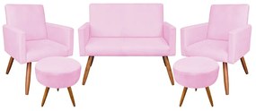 Kit 01 Namoradeira com 02 Poltronas e 02 Puffs Larissa Suede Pés Palito Castanho D'Rossi - Rosa Bebê