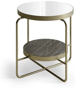 Mesa Lateral Camden Tampos Redondos Espelhado e Vidro Marmorizado Estrutura em Aço Carbono com Pintura Epóxi