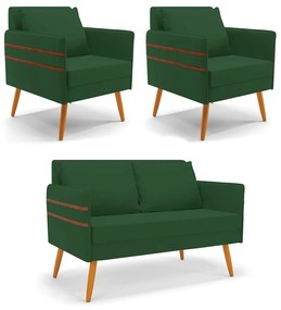 Kit 01 Namoradeira 02 Lugares e 02 Poltronas Mari Veludo Pés Palito Castanho - D'Rossi - Verde