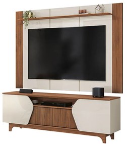 Painel e Bancada TV 75" Rocha Ripado Canelado 4 Portas OffWhite/Freijó G18 - Gran Belo