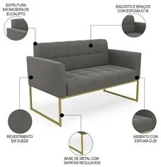 Sofá Namoradeira Base Industrial Dourado Ana Suede Grafite - Ibiza