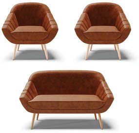 Kit 01 Namoradeira 02 Lugares e 02 Poltronas Giovana Corano Nozes Pés Palito Natural - Indo Decorar