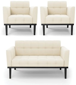 Conjunto 2 Poltronas e 1 Namoradeira Decorativa Karen Pés Fixo em Madeira Preto Veludo Bege G19 - Gran Belo