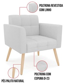 Kit 1 Sofá Namoradeira e 2 Poltronas Elisa Linho Pés Palito Natural D03 - D'Rossi - A05 Cinza
