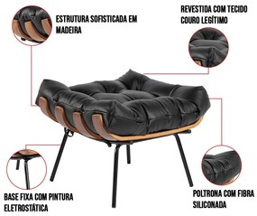 Puff Costela Couro Preto Base Metálica Preto - D'Rossi