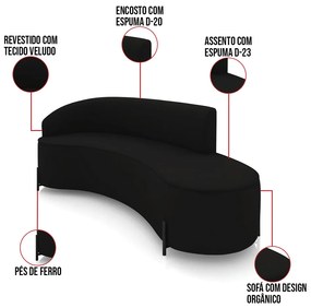 Sofá 4 Lugares Orgânico 220cm Pé Ferro Preto Morgan Veludo D03 - D'Rossi - Preto