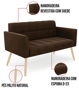 Kit 1 Sofá Namoradeira e 1 Poltrona Elisa Suede Pés Palito Natural D03 - D'Rossi - Marrom