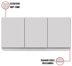 Armário Aéreo de Cozinha Lavanderia 03 Portas Tina 120 cm L06 - D'Rossi - Branco