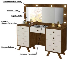 Penteadeira Decorativa 8 Gavetas Porta Joias com Tampo de Vidro Finn Malbec/Off White G37 - Gran Belo