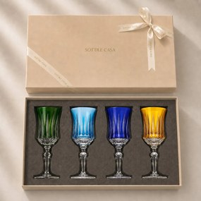 Kit 4 Taças Coloridas de Cristal Flauta Lapidado 66 p/ Vinho Tinto c/ Caixa de Presente - KT04 KT04