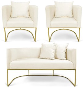 Kit 01 Namoradeira 02 Lugares e 02 Poltronas Paola Linho Base Metálica Dourado D03 - D'Rossi - A19 Grosso Bege