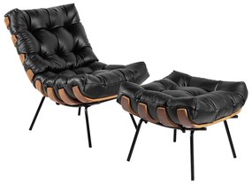 Poltrona e Puff Decorativos Sala de Estar Costela Couro Preto G34 - Gran Belo