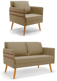Kit 01 Namoradeira 02 Lugares e 01 Poltrona Mari Suede Marrom Rato Pés Palito Castanho - D'Rossi