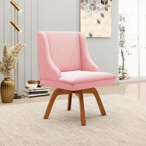 Poltrona Decorativa Base Giratória de Madeira Firenze Suede Rosa Bebê/Natural G19 - Gran Belo
