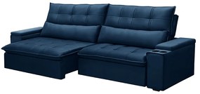 Sofá Retrátil e Reclinável 4 Lugares 250cm Robem Porta Copos no Braço Veludo Azul G22 - Gran Belo
