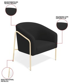 Poltrona Sala Industrial Alta Champanhe Kit 2 Stella Veludo D03 - D'Rossi - Preto