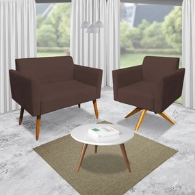 Kit 01 Namoradeira e 01 Poltrona Marisa Suede Base Giratoria Madeira MA30 D03 - D'Rossi - Marrom