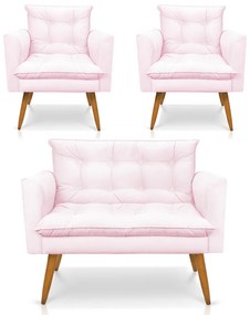Kit 1 Sofá Namoradeira e 2 Poltronas Tais Suede Pés Palito Castanho - D'Rossi - Rosa Bebê