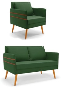 Kit 01 Namoradeira 02 Lugares e 01 Poltrona Mari Suede Pés Palito Castanho - D'Rossi - Verde