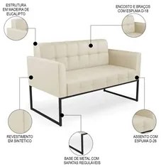 Sofá Namoradeira e 2 Poltronas Base Industrial Preto Ana Sintético Beg