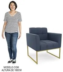 Sofá Namoradeira e 2 Poltronas Base Industrial Dourado Ana Suede Azul