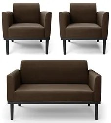 Sofá Namoradeira e 2 Poltronas Base Madeira Preto Maressa Suede Marrom