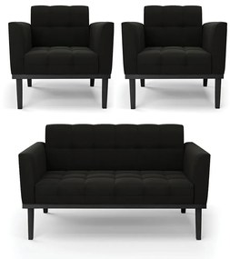 Sofá Namoradeira e 2 Poltronas Base de Madeira Preto Elisa Suede D03 - D'Rossi - Preto