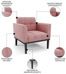 Poltrona Decorativa Base Madeira Preto Ana Suede Rosê - Ibiza