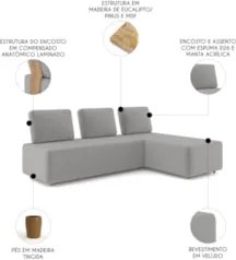 Sofá 3 Lugares Com Chaise 222cm Rovier Veludo Cinza Z32       - Mpozen