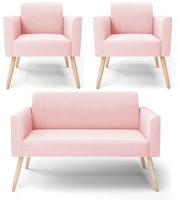 Sofá Namoradeira com 2 Poltronas Pés Palito Natural Marisa Suede Rosa Bebê D03 - D'Rossi