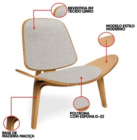 Poltrona Decorativa Base de Madeira Shell Linho P01 - D'Rossi - Cinza