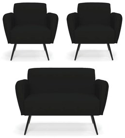 Sofá Namoradeira com 2 Poltronas Pés Palito de Ferro Bruna Linho D01 - D'Rossi - A79 Preto