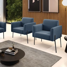 Poltrona Pé de Ferro Preto para Sala Kit 2 Marisa Suede D03 - D'Rossi - Azul Marinho