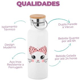 Garrafa Térmica 500 ml Gata Gatinha Miau Tamapa Bambu - Branco