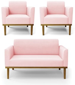 Conjunto 2 Poltronas e 1 Namoradeira Decorativa Isabella Pés Fixo em Madeira Castanho Suede Rosa Bebê G19 - Gran Belo