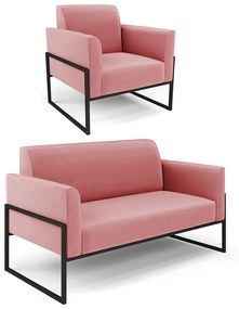 Sofá Namoradeira com Poltrona Base Industrial Alta Preto Marisa Suede D03 - D'Rossi - Rose